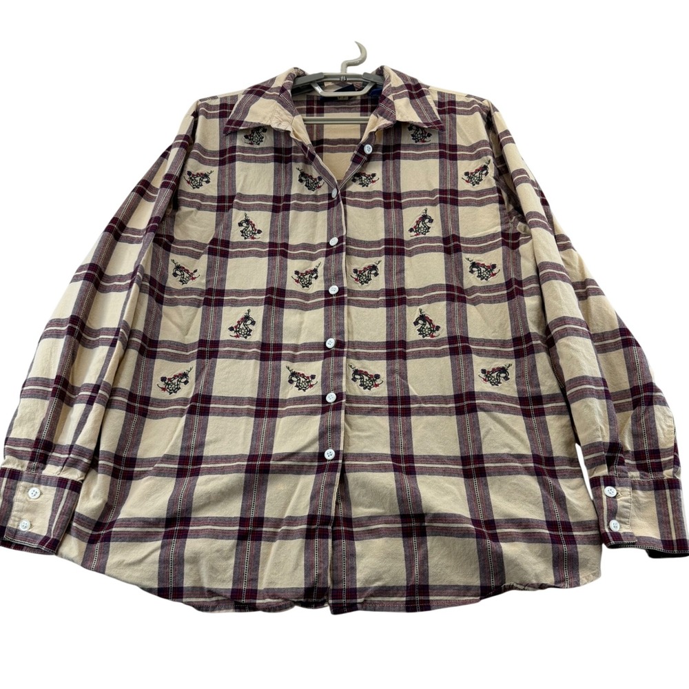 Karen Scott Shirt Womens L Tan Plaid Embroidered Floral Paisley Cotton Button Up